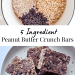 quick oats, rice crispy cereal, and chocolate chips in a pot and a pic of peanut butter crunchy bars on a plate