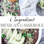 casserole in a white dish with avocado slices on top, another picture with the cassesrole and a wooden spoon of the casserole