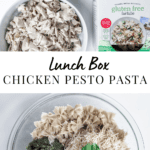 Bowl of chopped up rotisserie chicken, box of noodles, bowl of individual ingredients including chopped rotisserie chicken, pesto sauce, fresh basil, noodles, and parmesan cheese