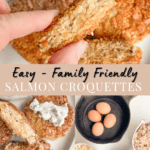 fingers holding cooked salmon patty, a pic of whole salmon patties, and a pic with salmon patty ingredients including whole eggs, canned salmon, crushed crackers.