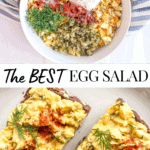 egg salad on toast, egg salad ingredients including chopped hard boiled eggs, chopped dill pickles, mayonnaise, chopped fresh dill and paprika in a bowl