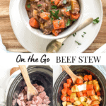 bowl of beef stew, crock pot with raw beef and a wooden spoon, crockpot with chopped carrots, potatoes and raw stew meat