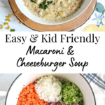 creamy soup with noodles and ground beef in a bowl and a pic with raw chopped carrots, onion, celery, ground beef in a white pot