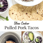 top picture has a bowl with chopped meat, bottom left picture has a crockpot with a pork roast in it, bottom right picture has pork tacos on a plate