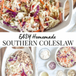 bowl of coleslaw and a picture of coleslaw ingredients in individual small bowls.