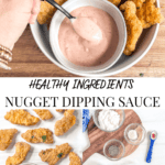 bowl of dipping sauce and a picture of chicken tenders and a picture of the individual ingredients