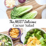 caesar salad ingredients including romaine hearts, and parmesan cheese and images of caesar salad in a bowl with cheese crisps in a separate bowl