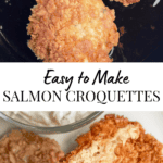 cooked salmon patties in a pan and some patties on a plate
