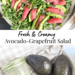 plate of salad with grapefruit and avocado slices, picture of creamy dressing in a jar and whole avocados