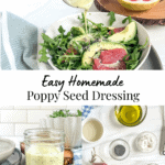 bowl of salad witwh avocado and grapefruit slices and a picture with a jar of creamy dressing, and a picture of each ingredient in individual bowls