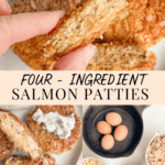 fingers holding a salmon patty cut in half and an ingredient picture, and a picture with tartar sauce on top of a salmon patty