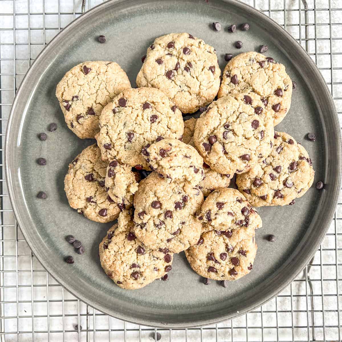 Almond Flour Chocolate Chip Cookies on a dark plate