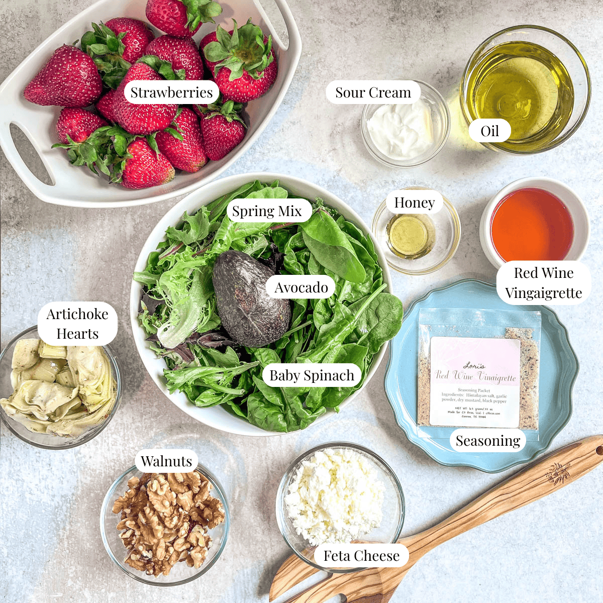 Strawberry Walnut Salad Ingredients in individual bowls