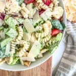 caesar pasta salad close up in a bowl