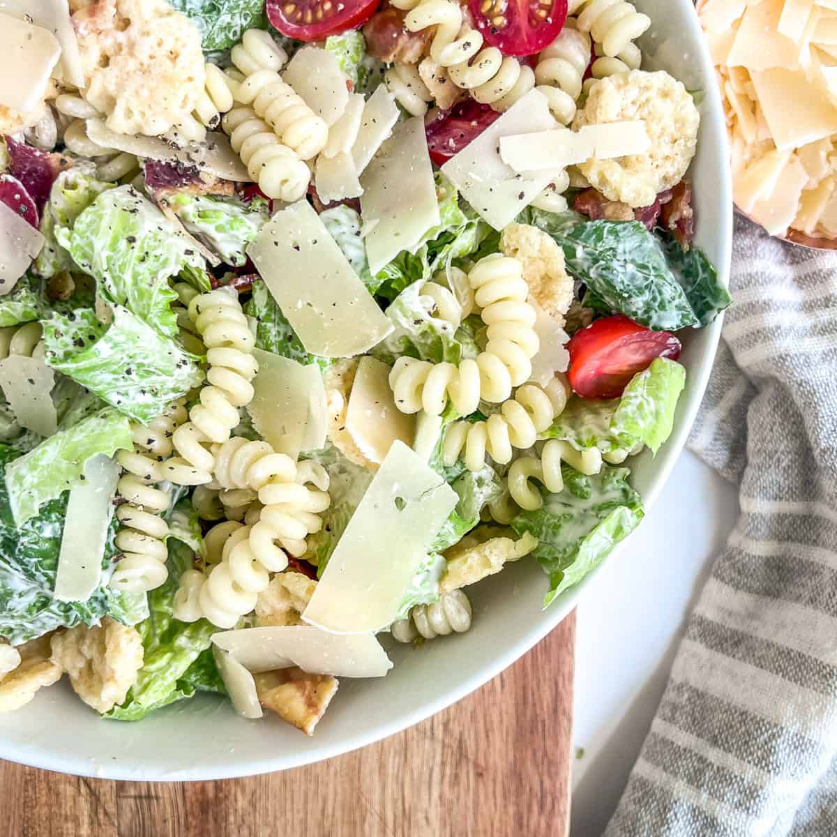 caesar pasta salad close up in a bowl