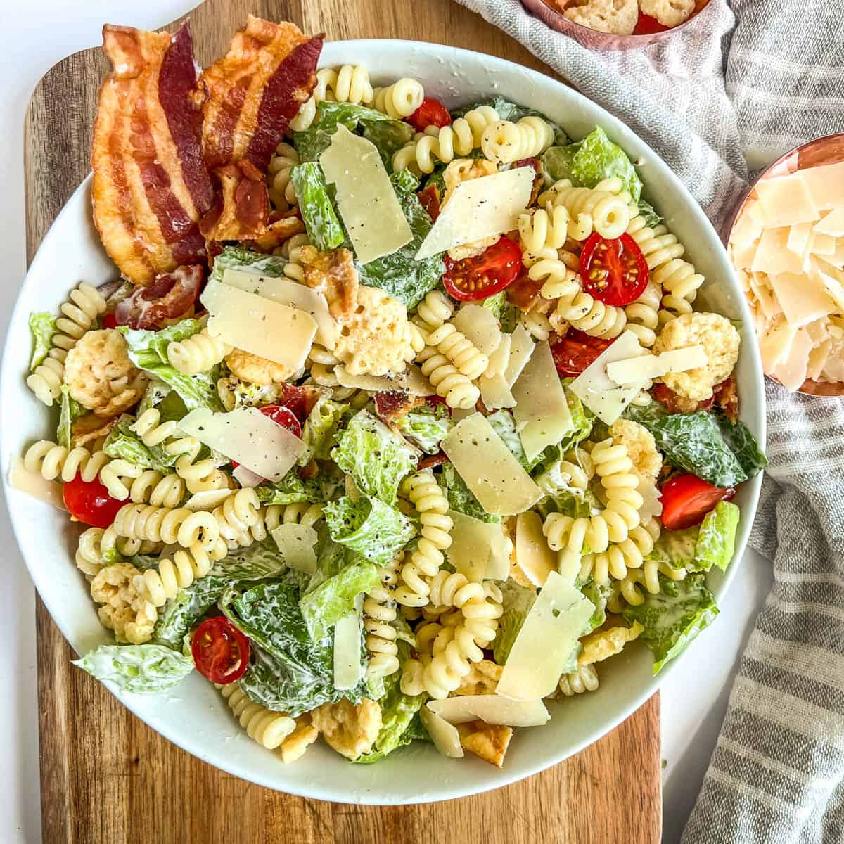 caesar pasta salad in a white bowl