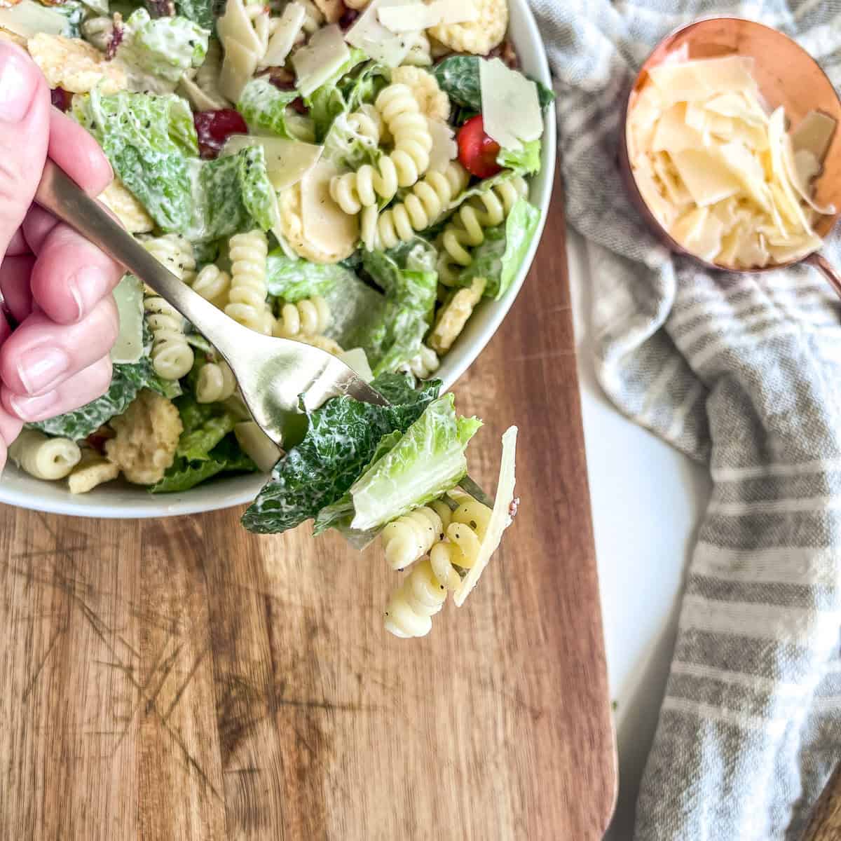 caesar pasta salad on a fork