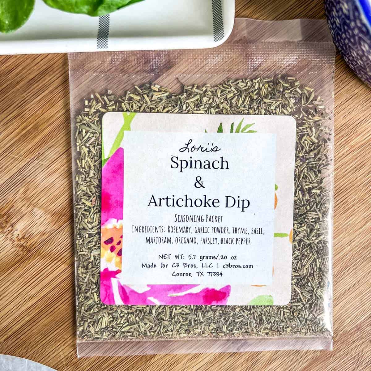 Hot spinach dip seasoning packet close up