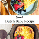 Slices of the pancake on a plate and also in a cast iron skillet