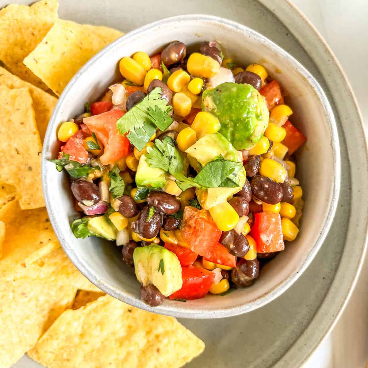 black bean & corn salsa close up in small bowl