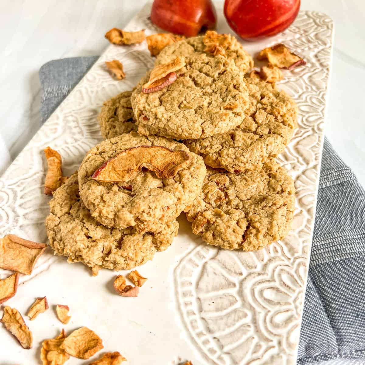 Apple Cookies baked on a white platter side angle
