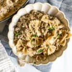 ground beef stroganoff recipe in a bowl close up