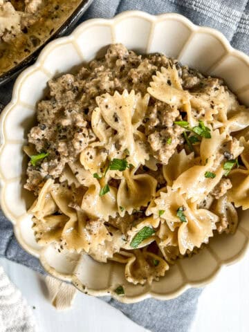 ground beef stroganoff recipe in a bowl close up