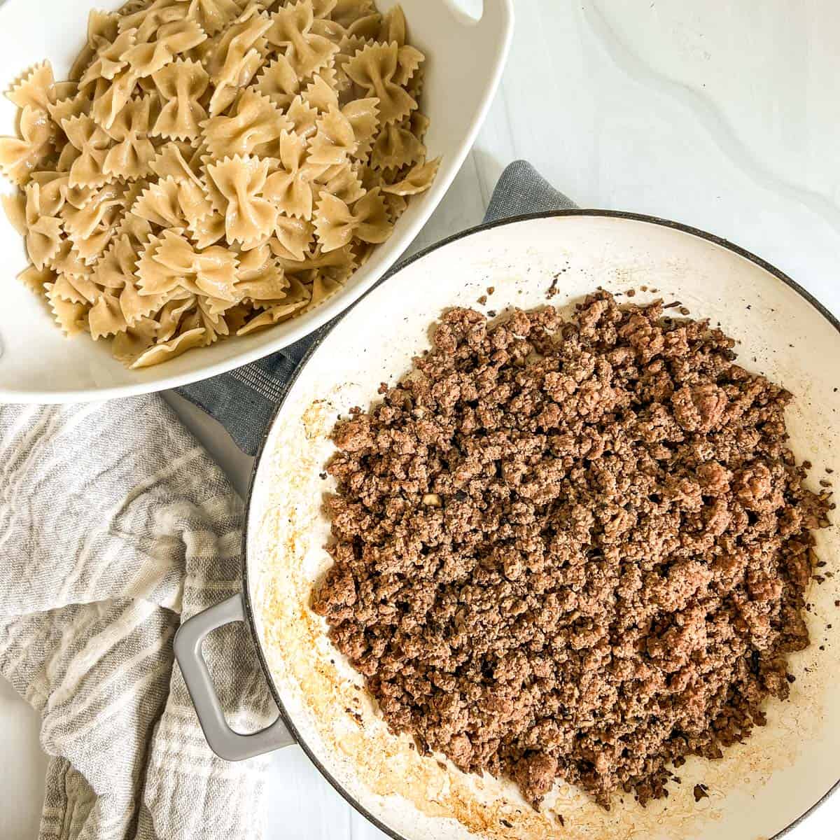 ground beef stroganoff recipe noodles and ground beef in bowls