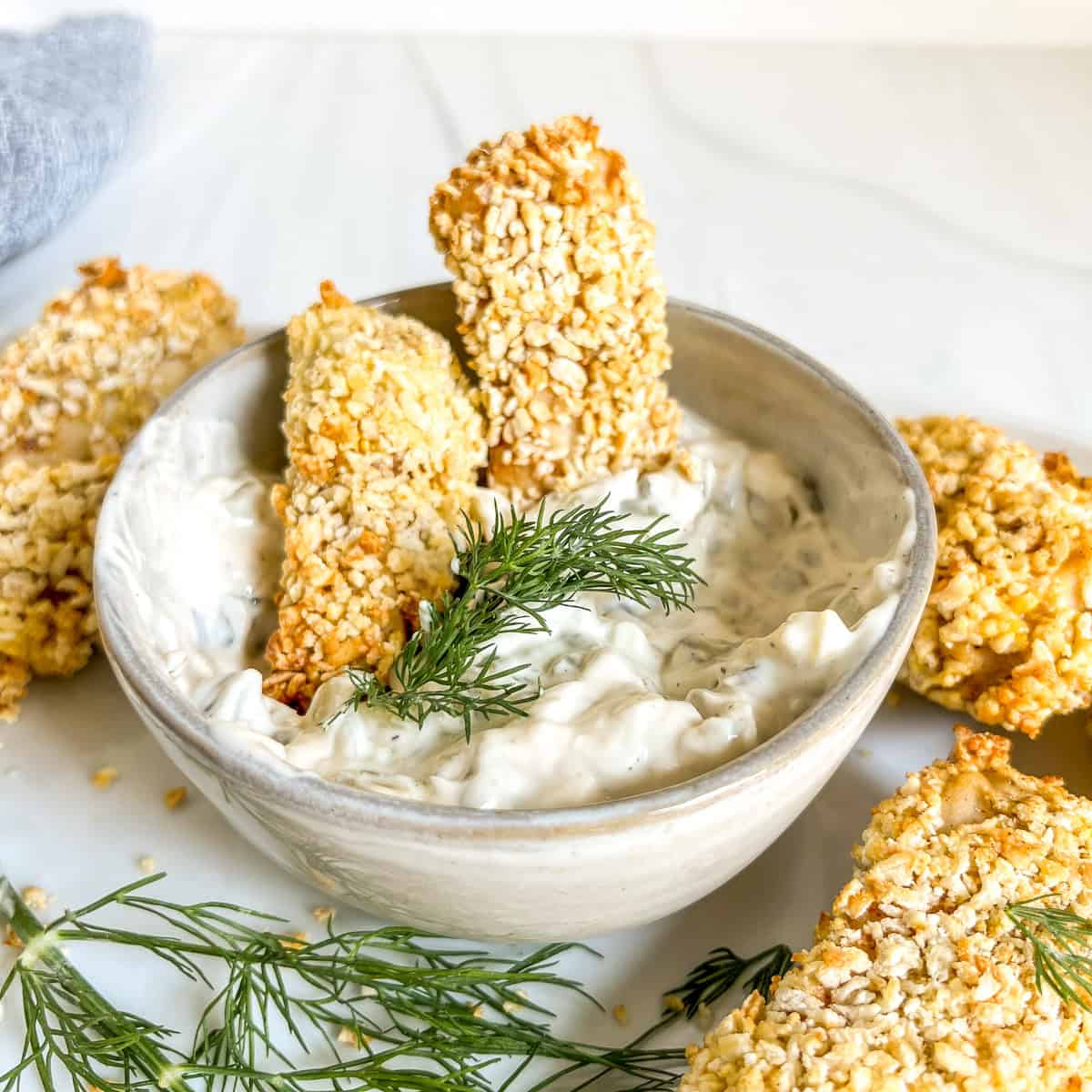 fish sticks dipped in homemade tartar sauce