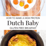 Ingredients for dutch baby recipe and a cooked dutch baby
