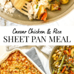 Caesar chicken and rice sheet pan meal on a fork and a plate