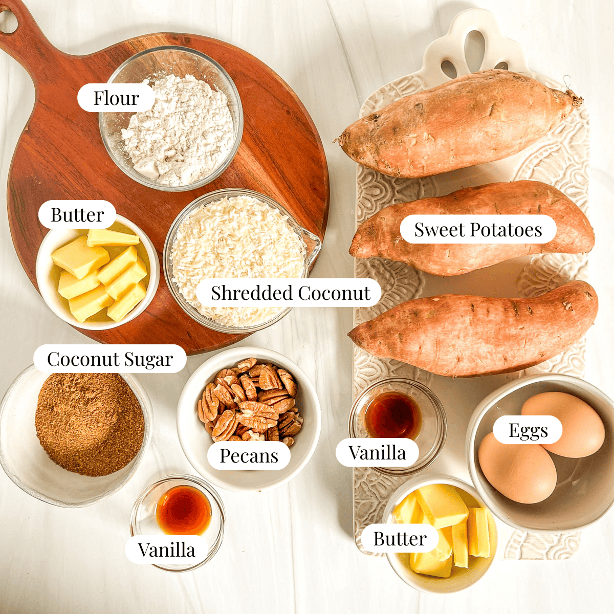 ingredients for sweet potato casserole in bowls
