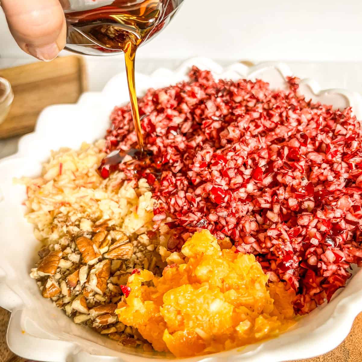 bowl of relish with maple syrup poured on top