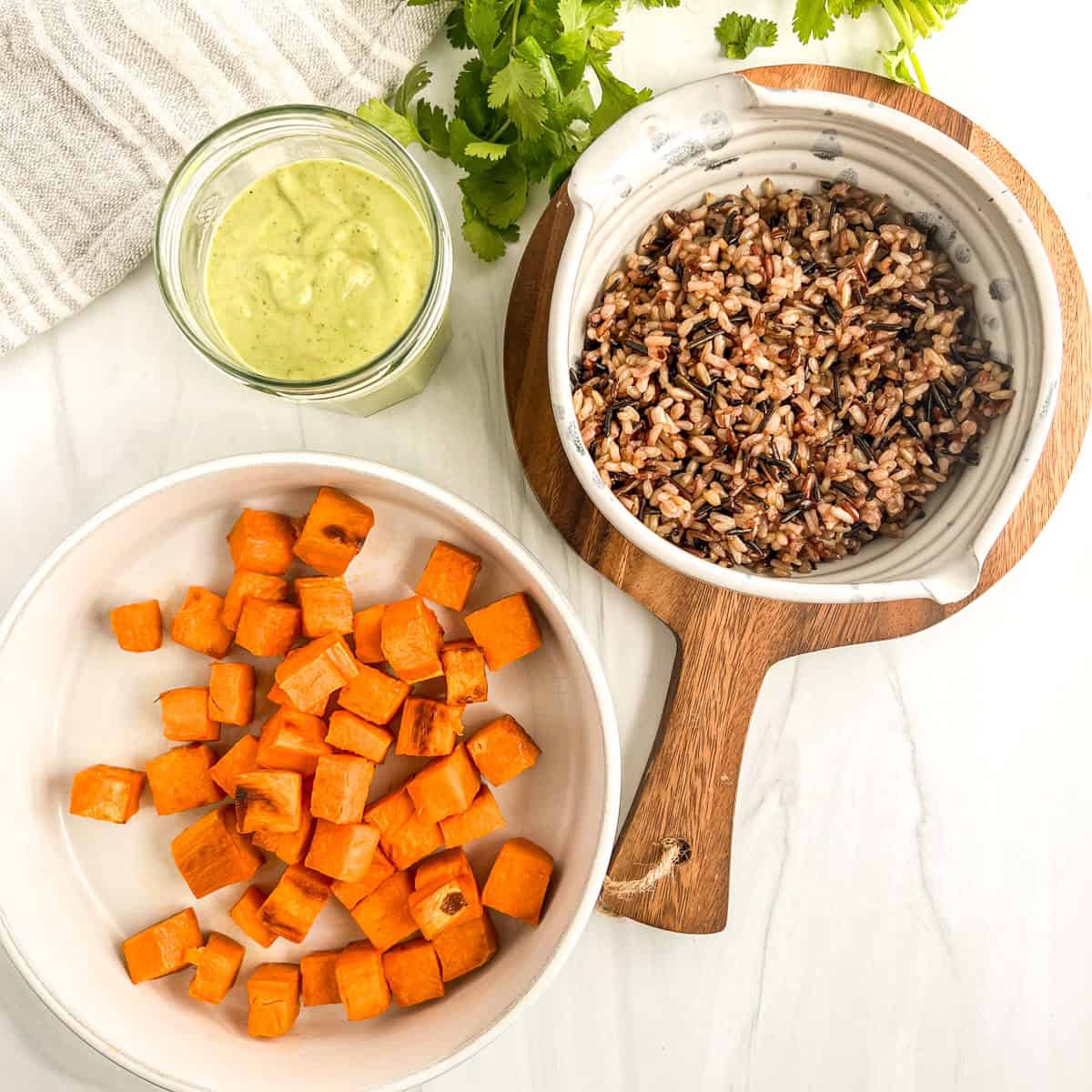cooked rice, sweet potatoes and salad dressing