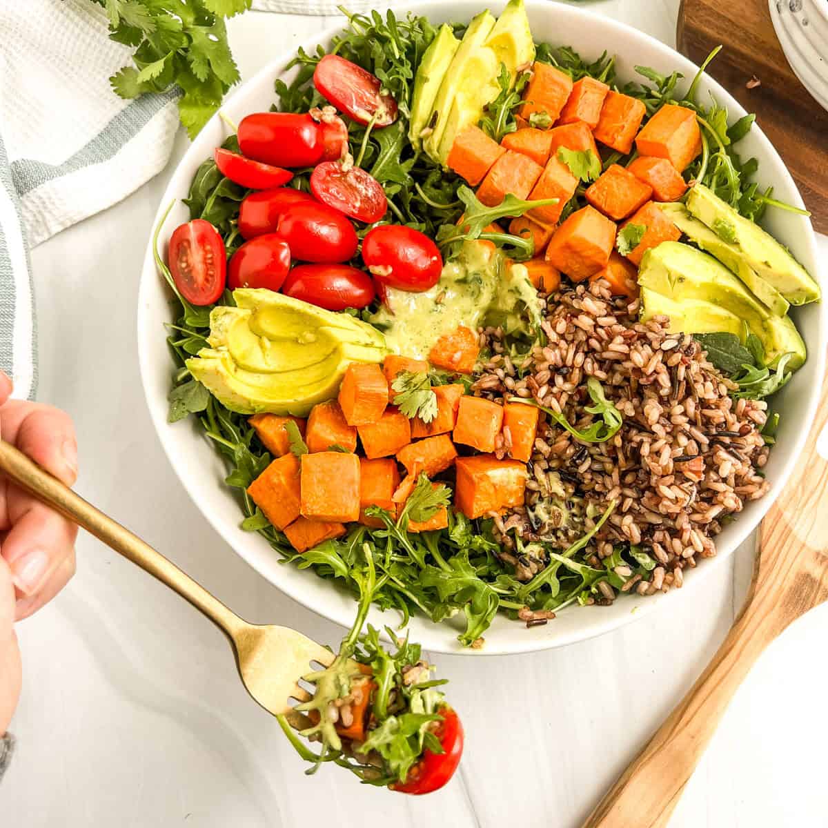 winter salad with vegetables on a fork