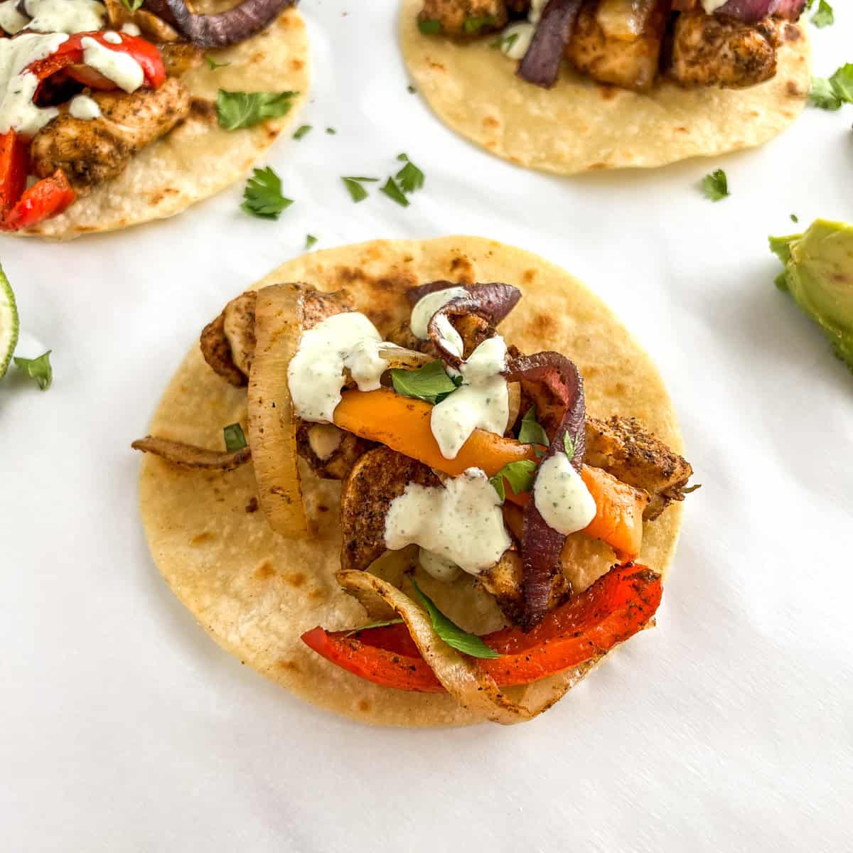 fajitas on corn tortilla with jalapeno dip